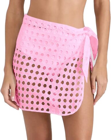 Saodimallsu Women's Crochet Cover Up Skirt 2024 Beach Mesh Slit Tie Waist Mini Wrap Skirts Pareo Swimwear Coverups in Saudi Arabia