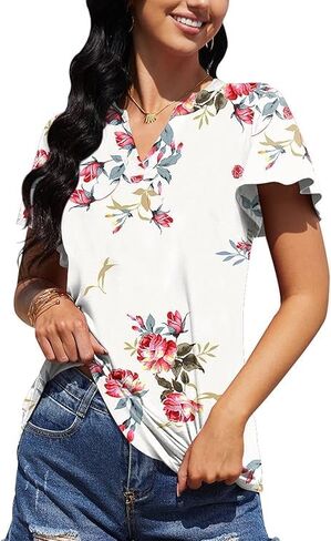 Leafsay 2023 Womens Summer Tops V Neck Ruffle Short Sleeve Tshirts Tunic Casual Tops Blouses for Women in Kuwait