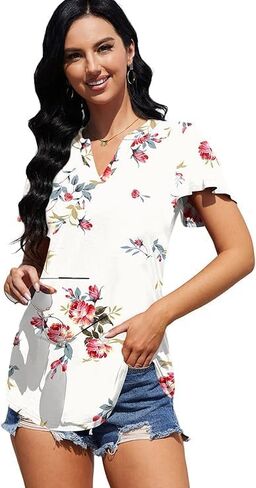 Leafsay 2023 Womens Summer Tops V Neck Ruffle Short Sleeve Tshirts Tunic Casual Tops Blouses for Women in Kuwait