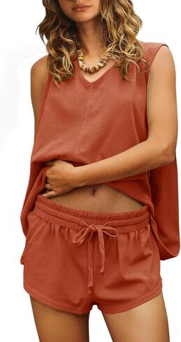 Fisoew Women's Summer 2 Piece Outfits Short Sets Loose V Neck T Shirts Casual Shorts Tracksuit Lounge Sets in Kuwait