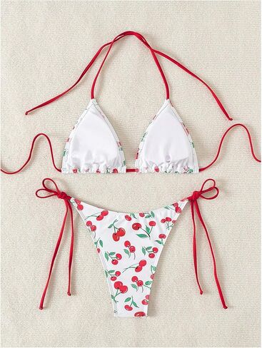 SHENHE Women's 2 Piece Graphic Bikini Set Cherry Triangle Tie Side Halter Swimsuit Bathing Suit in Saudi Arabia