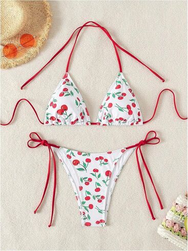 SHENHE Women's 2 Piece Graphic Bikini Set Cherry Triangle Tie Side Halter Swimsuit Bathing Suit in Saudi Arabia