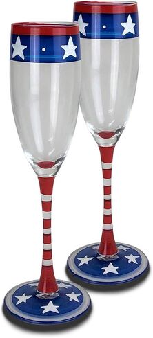 Hand Painted Champagne Flute Set of 2 - Patriotic Collection - Hand Painted Glassware by USA Artists - Unique and Decorative Champagne Glasses, July 4th Kitchen Table Décor in Saudi Arabia