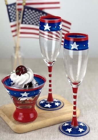 Hand Painted Champagne Flute Set of 2 - Patriotic Collection - Hand Painted Glassware by USA Artists - Unique and Decorative Champagne Glasses, July 4th Kitchen Table Décor in Saudi Arabia