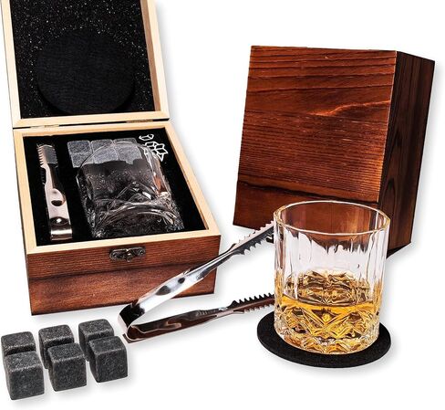 Whiskey Stones Gift Set for Men, Crystal Bourbon Glass Natural Granite Stones in Handcrafted Wooden Box, Set for Whisky Lover in Saudi Arabia