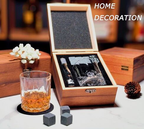 Whiskey Stones Gift Set for Men, Crystal Bourbon Glass Natural Granite Stones in Handcrafted Wooden Box, Set for Whisky Lover in Saudi Arabia