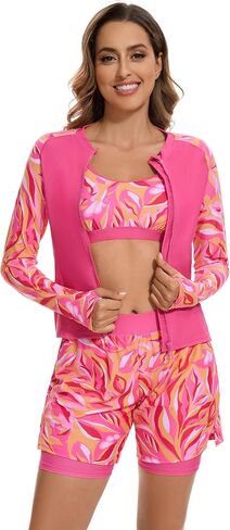 Rash Guard for Women 3 Piece Swimsuits Long Sleeve Bathing Suit with Boyshorts and Bra Ladies Swim Over 50 UPF 50+ in Saudi Arabia