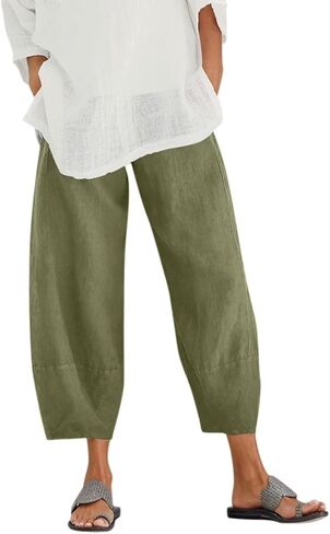 Women Summer Casual Elastic High Waist Pockets Linen Capri Pants Palazzo Lounge Trousers in Saudi Arabia
