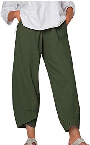 Women Summer Casual Elastic High Waist Pockets Linen Capri Pants Palazzo Lounge Trousers in Saudi Arabia