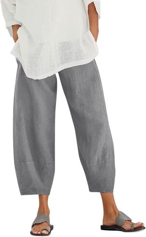 Women Summer Casual Elastic High Waist Pockets Linen Capri Pants Palazzo Lounge Trousers in Saudi Arabia