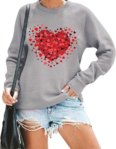 Women Love Heart Valentines Sweatshirt Long Sleeve Shirts Valentine's Day Pullover Tees Casual Tops in Saudi Arabia
