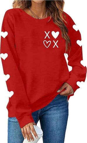 Women Love Heart Valentines Sweatshirt Long Sleeve Shirts Valentine's Day Pullover Tees Casual Tops in Saudi Arabia