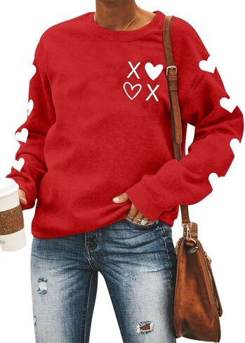 Women Love Heart Valentines Sweatshirt Long Sleeve Shirts Valentine's Day Pullover Tees Casual Tops in Saudi Arabia