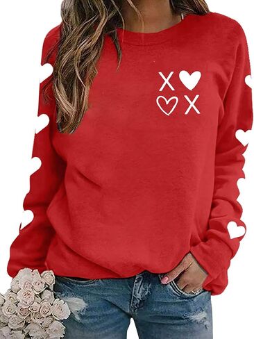 Women Love Heart Valentines Sweatshirt Long Sleeve Shirts Valentine's Day Pullover Tees Casual Tops in Saudi Arabia