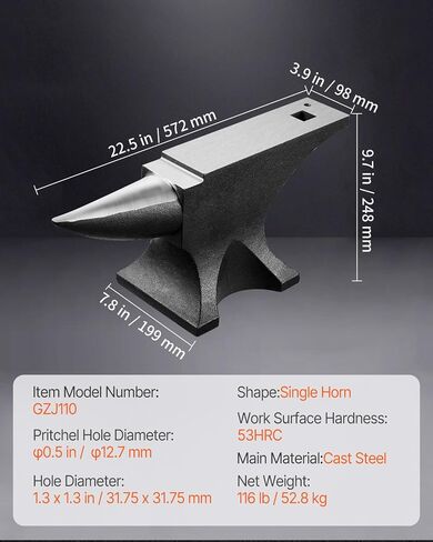 VEVOR Single Horn Anvil, 110lbs Cast Steel Anvil, High Hardness Rugged Round Horn Anvil for Blacksmiths, with Large Countertop and Stable Base, Metal Working Tool for Metal Bending, Shaping, Twisting in Saudi Arabia