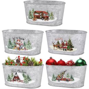 Putuo Decor Christmas Metal Buckets, 5 Pieces Christmas Tin Pots Small Christmas Decorations Oval Pots, Galvanized Beverage Tubs Small Pails for Party Home Table Centerpieces Storage Decor 9in