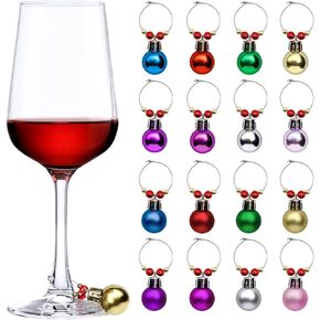 16 Pcs Wine Glass Charms Christmas Ball Wine Glass Markers Drink Tags Rings for Stem Glasses, Wine Drinker Gift Wine Tasting Party Favors Decorations