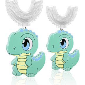 U Shaped Toothbrush Kids 2 PCS - Toddler Training Toothbrush, Food Grade Soft Silicone Brush Head, Manual Whole Mouth Toothbrush for 2-12 Age, 360° Oral Teeth Cleaning Design (2 Green, 2-6 Age)