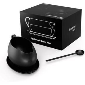 New - Nomnu Spiderweb Large 32 oz Gravy Boat with Saucer (Porcelain) - Black Matte Goth Ceramic Gravy Boat and Tray for Turkey Beef Sauce, Salad Dressing, Milk, Broth. Microwave and Dishwasher Safe