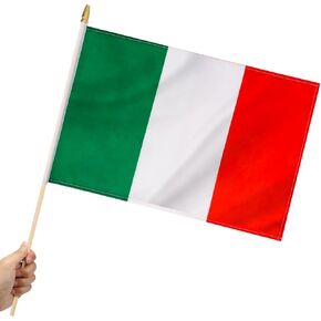 12 Pack Italy Stick Flags Small 12x18 Inch Italian Hand Held Flags with 24 Inch Wooden Pole Decorations