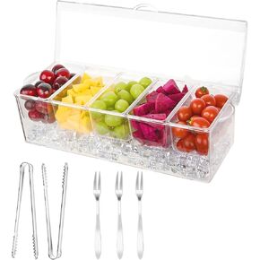 Ice Chilled Condiment Server Caddy, with 3 Stainless Steel Forks and 2 Tongs, Cold Serving Tray for Entertaining Party with Lid, Bar Garnish Holder on Ice with 5 Compartment Removable Dishes