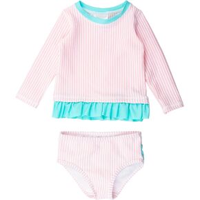 RuffleButts Baby/Toddler Girls Seersucker Long Sleeve Rash Guard Bikini