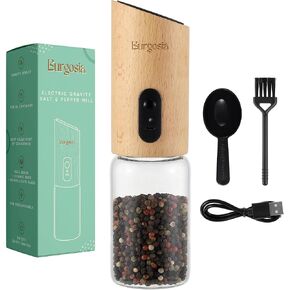 Wooden Gravity Pepper and Salt Grinder | Real Wood Electric Refillable Spice Mill Grinder | Adjustable Coarseness One Hand Automatic Operation | USB Rechargeable with LED Charging Light