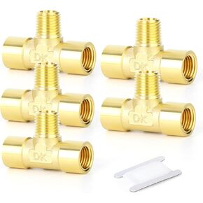 GASHER 5PCS Brass 3 Way Pipe Fitting Male Branch Tee T Adapter 1/4" NPT Female x 1/4" NPT Male x 1/4" NPT Female