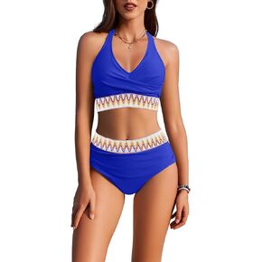 AI'MAGE Women High Waisted Bikini Sets Tummy Control Swimsuits 2 Piece Halter Crisscross Ruched Bathing Suits Swim Suits 2025