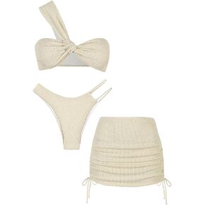 SHENHE Women's One Shoulder Twisted High Cut 3 Piece Bandeau Bikini Set with Cover Up Skirt
