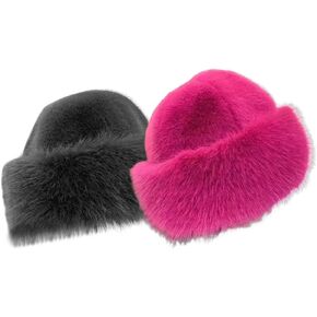 2PCS Women's Winter Furry Hat, Faux Fur Russian Cossack Style Hat Headbands for Women Winter Russian