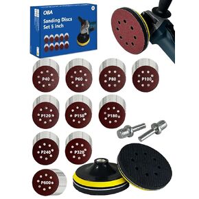 OBA 100pcs Sanding Discs Set 5inch with 2 Hook and Loop Round Sanding Pad for M14 Angle Grinder, Drill with 8-Hole 40/60/80/100/120/150/180/240/320/600 Grits Sanding Discs for Wood Metal Car Polishing