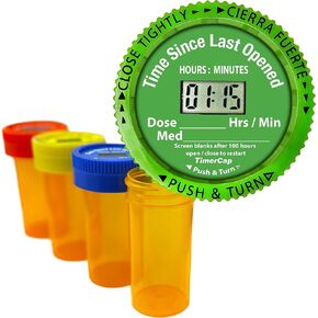 TimerCap Automatically Displays Time Since Last Opened - Built-in Stopwatch Smart Pill Bottle Cap Medication Reminder Case ( Qty 4 - 1.8 oz Amber Bottles) CRC