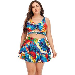 Wellwits Women's Plus Size Tie Dye Print 2pcs Skirt Bikini Swimsuit Swim Dress