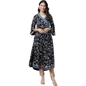 Yash Gallery Women's Rayon Angrakha Style Floral Printed Anarkali kurta