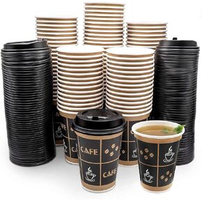 [10 oz - 100 Sets with Lids] PREMIUM Paper Hot Coffee Cups with Resealable Lids - Leak Free To Go Disposable Hot Beverage Drinks
