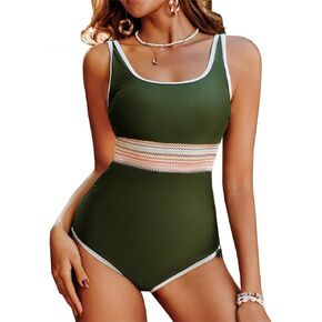 Kate Kasin One Piece Swimsuit for Women Tummy Control Bathing Suit Color Block Drawstring Full Coverage Swimwear