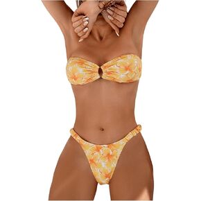MakeMeChic Women's 2 Piece Bikini Set Floral Print Ruched Ring Bandeau Swimsuit Bathing Suits