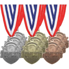 PATIKIL Bowling Games Gold Silver Bronze Award Medals with Red & White & Blue Ribbons, 9 Pcs Winner Medals Prizes for Competitions Sports Party, Gold/Silver/Red
