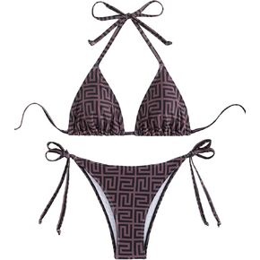 SHENHE Women's 2 Piece Halter Swimsuits Side Tie Bottom Geometric Triangle Bikini Set