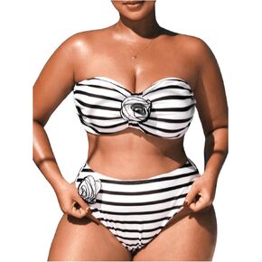 MakeMeChic Women's Plus Size 2 Piece Bandeau Swimsuit 3D Floral Striped Bikini Set Bathing Suit