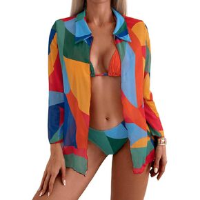 WDIRARA Women's 3 Pieces Halter Bikini Set Swimsuit Bathing Suit with Long Sleeve Cover Up Top