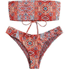WDIRARA Women's 2 Piece Graphic Print Swimwear Set Bandeau Bikini Swimsuit Sets Bathing Suit