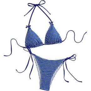 MakeMeChic Women's 2 Piece Swimsuits Striped Halter Frill Trim Triangle Backless String Cute Bikini Set Blue Medium in Kuwait