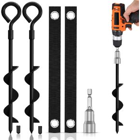 Ground Anchors Screw in, 2 Pack Heavy Duty Trampoline Stakes Swing Set Anchors with Straps, Spiral Stakes for High Wind-Black