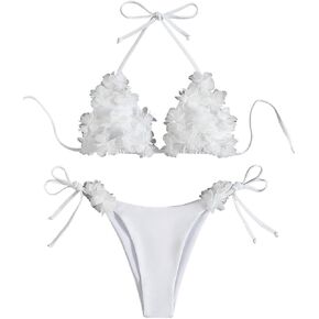 Verdusa Women's 2 Piece Halter Triangle Bikini Sets 3D Floral Backless Self Tied Swimsuit