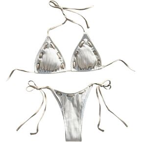 MakeMeChic Women's Bikini Set Halter Tie Back Triangle String Thong Bathing Suit Swimsuits