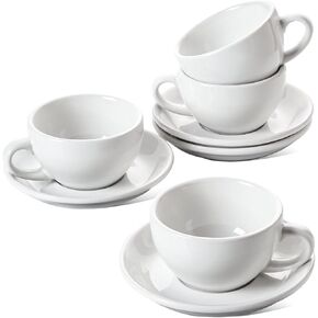 LE TAUCI 8 oz Cappuccino Cups with Saucers,Ceramic Large Coffee Cup for Au Lait, Double shot, Latte, Cafe Mocha, Tea - Set of 4, White
