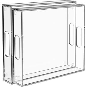 2 Pack Serving Tray with Handles, Clear Acrylic Tray for Serving Food, Large Outdoor Food Trays for Eating, Lucite Acrylic Trays for Serving Appetizer, Pizza, Fruit, Acrylic Decorative Tray Clear Tray