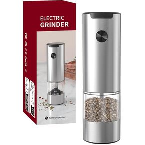 HAJIMI Electric Salt and Pepper Grinder, Salt and Pepper Shakers, Battery Powered Pepper Grinder LED, Automatic Salt & Pepper Mill, Adjustable Coarseness, One Handed Op (Stainless Steel, Silver)